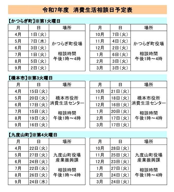 令和7年度各市町消費生活相談窓口カレンダー